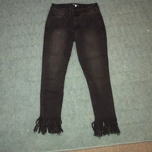 Black Skinny Fringe Bottom Jeans